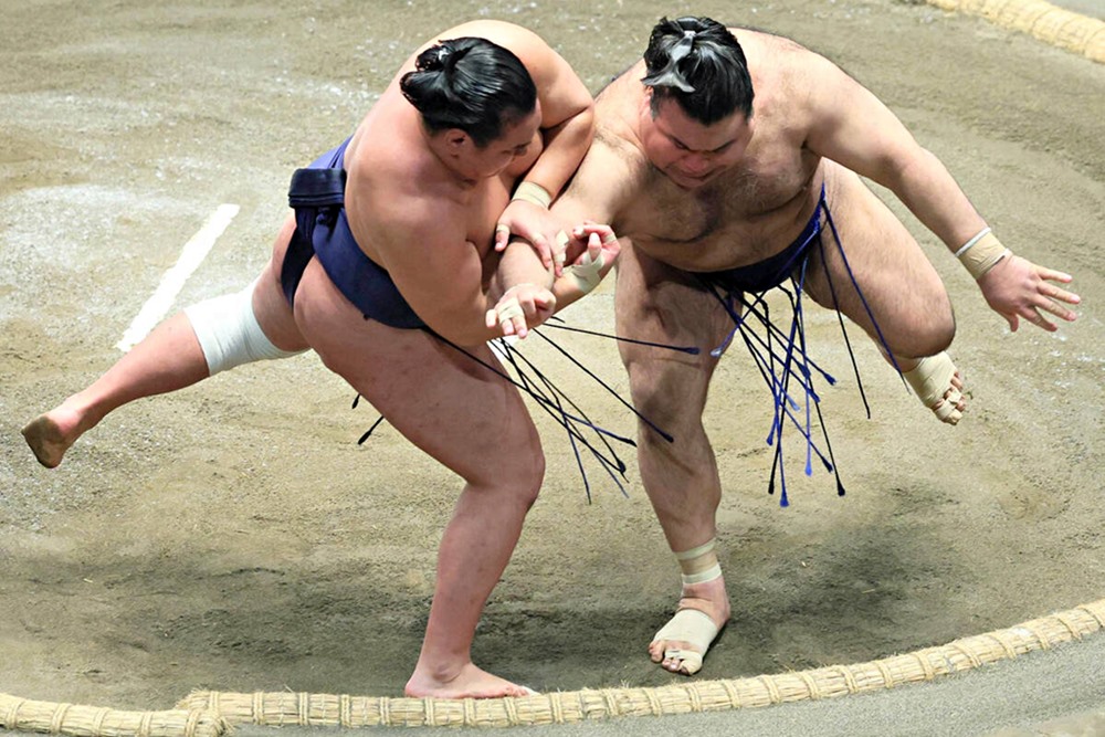 Hōshōryū rzutem rozpaczy wygrywa i pozostaje w walce o yusho.